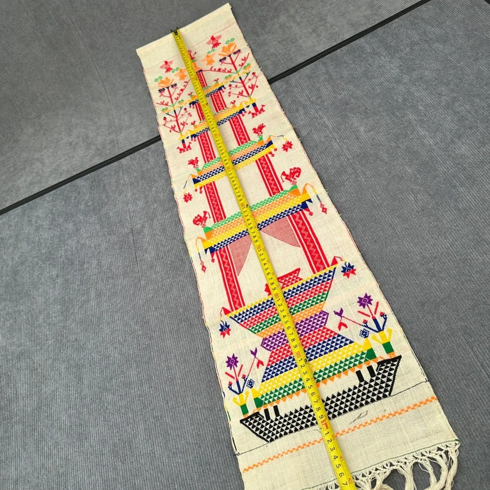 Vintage Handwoven Folk Art Textile Table Runner Rainbow Geometric Fringe 42x10